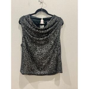 Cable & Gage Women's XL Sequined Hunter Green Sleeveless Draped Collar Top